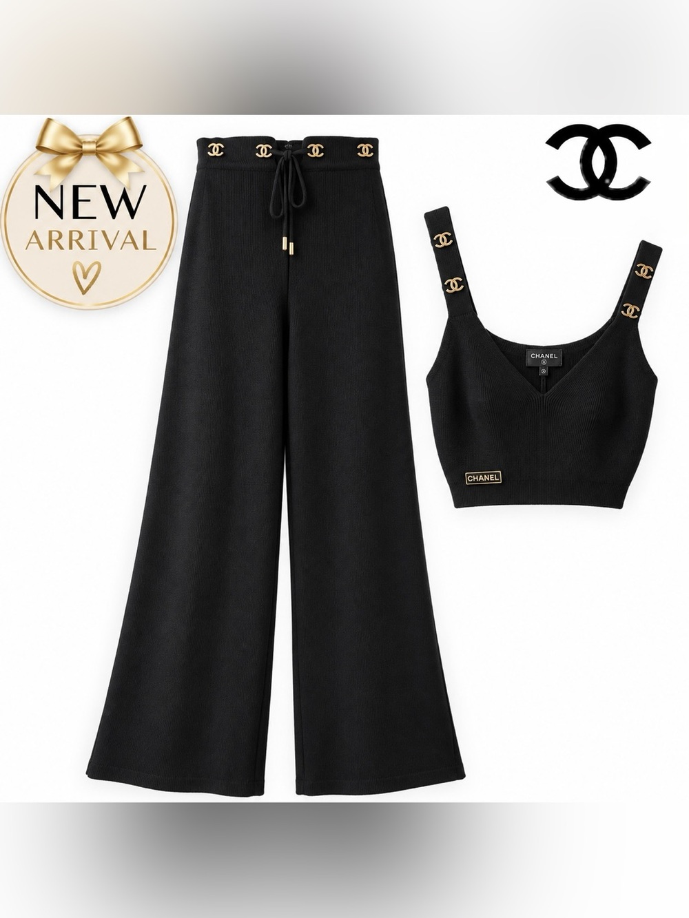 🖤 Women’s Black Knit Two-Piece Set — Wide-Leg Pants & Crop Top 🖤